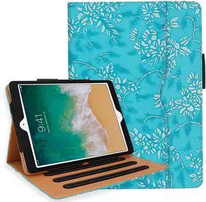 for iPad 6th Generation Cases, iPad Air 2 Case, Air Case with Pencil Holder - 9.7 inch 2018 2017 Case - Hand Strap, Auto Sleep Wake, Multi-Angle Stand - A1822 A1823 A1474 A1475 (Embossed Flower)