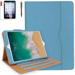 iPad 9.7 2018/2017 / iPad Air/Air2 Case with Screen Protector and Stylus - Premium Leather Folio Protective Stand Smart Case with Hand Strap, Auto Sleep/Wake for iPad 5th 6th(Baby Blue)