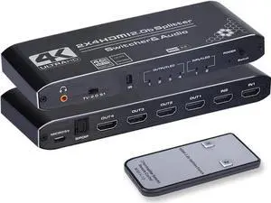 4K HDMI Splitter 2x4,HDMI Switch 2 in 4 Out Switcher Box with Audio Extractor and IR Remote Control, Support Ultra 4K HDR,4Kx2K@60Hz, 3D, 1080P,HDMI 2.0b, HDCP 2.2