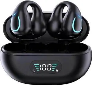 Open Ear Bone Conduction Headphones, Bluetooth Wireless Clip On Earbuds with Digital Display Charging Case 60 Hours Playtime IPX4 Waterproof Sports Headset for Running, Walking, Workout