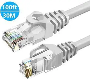 100ft / 30M Cat6 Ethernet Cable for Gaming, 100ft. LAN Network Patch Cord Wire -High Speed Internet Cable with Clips, RJ45, 24AWG, 500MHz Connectors for Router Modem, Compatible with PS4 PS5 (Gray)