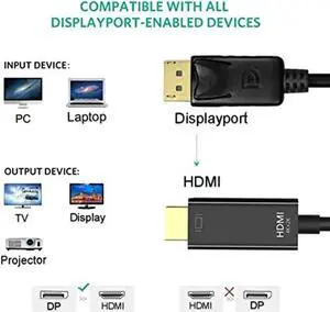 4K DisplayPort to HDMI Cable 6ft / 1.8M, Gold-Plated DP to HDMI Adapter Cable Male to Male Supports Video and Audio Cable 4Kx2K for DP Laptop PC Desktop to Monitor TV Projector, 6 Feet, Black