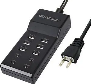 USB Charger,5V 10A(50W) USB Charging Station with 10-Port (6 USB-A Port & 4 USB-C Port) Compatible with iPhone 15/14/13/12/11/X/8/7/6 Phones, Watch,Tablets, Smartphones Black