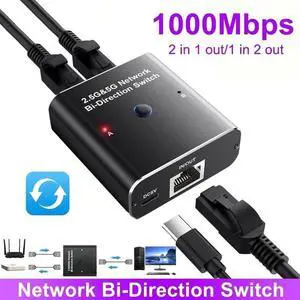 2 Ports 2.5G/5G Gigabit Network Switch,10/100/1000/10000Mbps 2 in 1 Out or 1 in 2 Out Two Way Switch Manual Pushbutton,RJ45 Internal External Networking Switcher Adapter for Cat5/5e/6/7/8 Cable