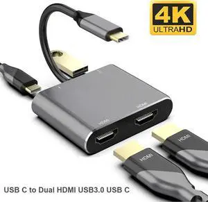 USB C Type C to Dual HDMI USB 3.0 Type-C PD Converter 4 in 1 USB C Dock Station Hub 4K Hdmi Adapter Cable for Phone Macbook Laptop TV Monitor (Gray)