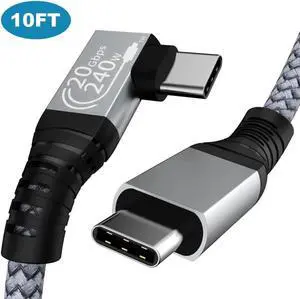 240W USB C to USB C Cable 10ft, USB C 3.2 Gen 2 Cable 20Gbps Data, 90 Degree Right Angle Thunderbolt 3 USB C to C Cable, 4K@60Hz Video Cord to Compatible with USB-C MacBook, i-Pad Pro, Monitor etc.