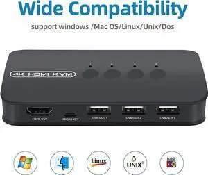 4 Ports HDMI KVM Switch, HDMI USB Selector for 4 Computers Share Keyboard Mouse Printer and One HD 4K@30Hz Monitor, Including 4 KVM Cables