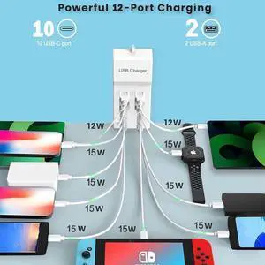 Multiple USB C Charger, 12 Ports USB Charging Station, 60W MultiPort Charger[10 USB-C+2 USB-A], USB Wall Charger, Desktop USB Charger Compatible with iPhone/iPad//Google Pixel/Watch/Headphones