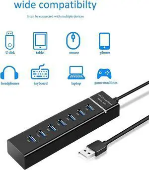 USB HUB 3.0, 7 Port USB HUB Splitter with LED Light and 1.2m Long Cable for Laptop,PC, Mac, Surface Pro and More USB Devices (Black)