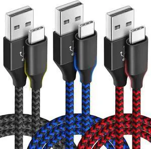 USB C Cable 10ft 3 Pack USB C Charger Cable, USB A to USB C Charging Cable USB Type C Fast Charge Cord Compatible with Samsung Galaxy S20 S10 Note 9, Android Cell Phones and More- Black Blue Red
