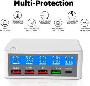 5 Ports USB Charger, 65W 5-Port USB C Charging Station Multi Port USB Hub Charger Compact Size LCD Display, QC 3.0 and PD USB C Fast Charger, Compatible with iPhone iPad Samsung Kindle Tablet and More