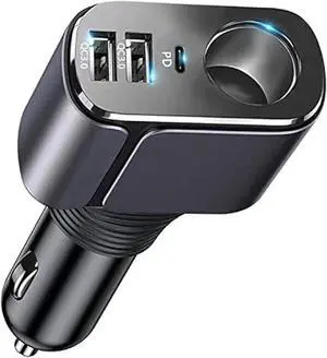 4 in 1 USB C Car Charger Adapter, 210W Multi USB Cigarette Lighter Adapter, Socket Splitter with 3 USB Ports, 12V/24V Outlet Dual USB Type C PD Fast Car Charger for iPhone 15/14,iPad,Samsung,GPS