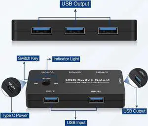 USB Switch 2 in 4 Out, USB Switcher for 2 Computers Sharing 4 USB Devices, USB 2.0 Switch Selector Box, USB KVM Switcher Selector 4 Ports for Keyboard Mouse Scanner Printer PC, With 2 Pack USB Cables