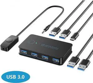 USB 3.0 Switch 2 in 4 Ouit, USB Switcher for 2 Computers Share 4 USB for Printer Keyboard Mouse, Scanner, USB KVM Switch Selector with 2 USB 3.0 Cables, Support Hotkey/Button/Wired Remote Switching
