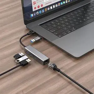 USB 3.0 & USB C to Ethernet Adapter, USB C to 3-Port USB 3.0 Hub with RJ45 10/100/1000 Gigabit Ethernet Adapter Support Windows 10,8.1,MacOS, Sur-face Pro, Linux, Chrom-e-book and More