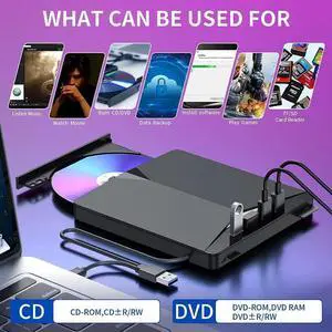 USB 3.0 & Type C External CD/DVD Drive, 7 in 1 USB 3.0 USB C DVD Player Portable CD/DVD Burner, CD ROM External DVD Drive Compatible with Laptop Desktop PC Windows 11/10/8/7 Linux Mac OS (Jet Balck)