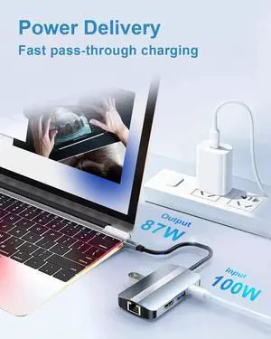 6-in-1 USB C Hub, Multiport Type C Adapter with 4K HDMI, 2x USB 2.0, 1x USB 3.0, 1x 87W PD, 1 x RJ45 Ethernet Adapter, USB-C Docking Station Type C Dongle Compatible with Laptop Windows, MacOS