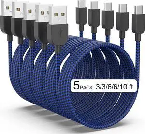 USB Type C Cable 5pack (3/3/6/6/10FT) Fast Charging 3.1A Quick Charge USB A to USB Type C Charger Cord for Samsung Galaxy S20 S10 S9 S8 A73 A51 A13, Note 20 10, LG G8 G7 Controller-Blue
