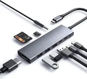 USB C Hub, 9 in 1 Multiport USB Type C Adapter with 100W Power Delivery, 4K HDMI Output, 3 USB 3.0 and USB-C 5 Gbps Data Ports, SD/TF Card Reader,3.5mm Headphone Jack, for Mac-Book Type C Laptops