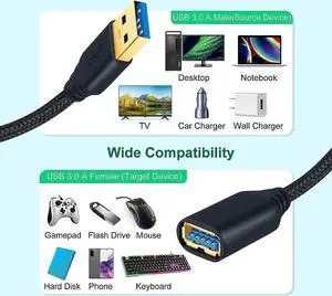 [2 PACK, 6.6ft] USB Extension Cable, USB 3.0 Extension Cable, USB Type A Male to Female Extender Cord, Nylon Braided Extender Cable with Gold-Plated Connector for USB Flash Drive/Hard Drive/Printer