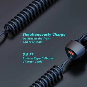 USB C Fast Car Charger 51W Dual Ports, Built-in 5.9FT Type C Phone Charger Cable, USB-C Port Charger with PPS 33W/PD 30W/&QC 18W, Compatible with IOS Android SMartphones
