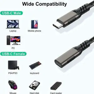 USB C Extension Cable 3.3FT / 1M, USB Type-C Male to Female Cord, [USB3.1 Gen2 / 10Gbps] Sync Transfer USB C Extender 100W/5A Fast Charging Compatible with MacBook,Laptop,Tablet,Mobile Phone and More