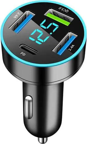 Car Charger USB C Car Adapter 4 Port USB Car Charger with Voltage Display PD 3.0 & QC 3.0 Car Phone Charger Cigarette Lighter USB Charger Adapter Fast Charging for iPhone iPad & Phone Tablets