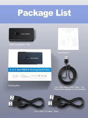 USB 3.0 Switch 2 in 4 Out, USB Switcher Selector 2 Computers Sharing 4 USB 3.0 Ports, KM Switcher Box with 2 Pack USB Cable for PC, Printer, Scanner, Mouse, Keyboard, Compatible with Mac/Windows/Linux