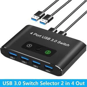 USB 3.0 Switch 2 in 4 Out, USB Switch Selector 2 Computers Sharing 4 USB Devices KVM Switcher Box for PC, Printer, Scanner, Mouse, Keyboard with 2 USB Cable, Compatible with Mac/Windows/Linux
