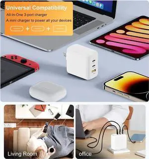 USB C Charger, 65W 3 Port Foldable USB C Wall Charger, PD 3.0 Fast GaN Charger Block Compatible for Mac-Book,i-Pad,i-Phone 14 13 12 Pro Max, Galaxy S23 S22 S21 S20 Note 20, Steam Deck,Switch