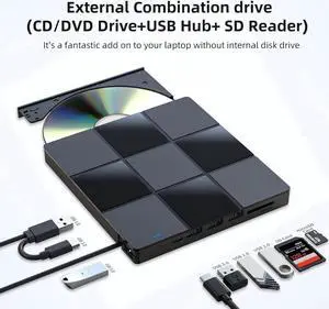 [7 in 1] External CD DVD Drive, USB 3.0 Type-C CD DVD +/- RW Burner - Plug and Play - External Optical DVD CD ROM Drive for Laptop PC Computer, USB CD/DVD Drive Compatible with Windows 11/10 Mac OS