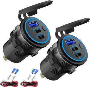 2 PACK 12V USB Outlet Wired USB Charger Multi Port Dual PD3.0 USB-C and Quick Charge 3.0 Car USB Port Socket with Power Switch Fast Charger for Cell Phone Tablet Suitable for Car Boat RV Marine ATV