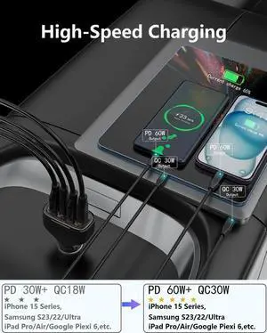 120W USB C Car Charger, Car Cigarette Lighter Adapter, Dual PD60W/PPS60W Car Charger for i-Phone 15/14/13/Pro Max/Pro/Android Smartphones and More, Fast Charger for Family Travel