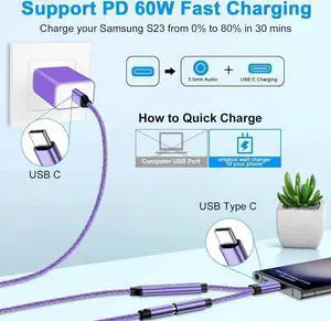 USB C to 3.5mm Audio Headphone & Android Phone Charger Adapter, 2-in-1 Type C to Aux Earphone Jack Dongle Cable & 60W Fast Charging for Samsung Galaxy A54 A14 A34 S24 S23 Ultra S22 S21 fe S20 A13 A53