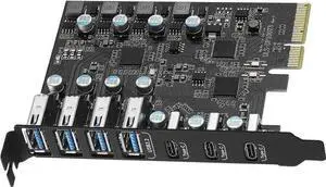 USB 3.2 PCI-e Expansion Card 7-Port(3X USB C - 4X USB A), PCI-e to USB 3.2 Gen2 HUB Adapter Superspeed 10Gbps, Fits PCI Express x4, x8 or x16 socket.