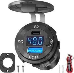 High Voltage USB Outlet 12V 24V 36V 48V 60V Aluminum Car Charger Socket PD 30W USB C and QC 36W Car USB Port Waterproof Cigarette Lighter Power Adapter DIY Kit with Button Switch for Ship Truck etc.