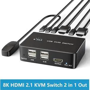 8K@60Hz HDMI 2.1 USB KVM Switch 1 Monitors 2 Computers, 4K@120Hz USB switcher HDMI KVM Switch 2 in 1 Out with Remote and 4 USB 2.0 Port, 2 USB Cables and 1 Desktop Controller for Work or Entertainment