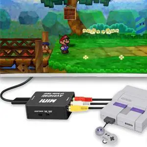 RCA to HDMI Converter, 1080P RCA Composite CVBS AV to HDMI Video Audio Converter Adapter Compatible with N64 Wii PS2 Xbox VHS VCR Camera DVD, Support PAL/NTSC with USB Power Cable