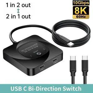 USB C Switch Selector, [2 In 1 Out / 1 in 2 Out] Bi-Directional USB C Switcher Splitter, 8K@60Hz USB 3.1 Gen2 10Gbps Data Transfer Type C Switch for Computers, Support PD100W with Power Indicator