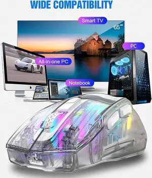 Wireless Gaming Mice with Transparent Crystal Shell, Tri-Modes (USB Wired + 2.4G Wireless+ Bluetooth), Silent Click, Rechargeable Wireless Mouse with RGB Backlit- White