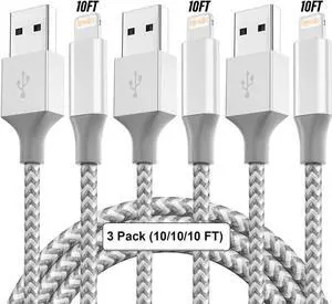 [M-Fi Certified] Upgrade USB Cable for iPhone Charger [3Pack] 10FT/3M USB Cable Fast Charging Nylon Braided Syncing Long Cord Compatible with iPhone 13/12/11/Pro/XS/Max/XR/X/8/8P/7 and More