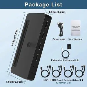 4 Port KVM HDMI Switch with Audio Microphone and 3 x USB Hub - 4K @60Hz 4 in 1 Out HDMI USB Switch Supports Keyboard Mouse with USB+HDMI Combo Cables x4|USB Power Cable|Wire Remote Switch