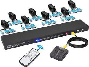 VGA KVM Switch, 8 Port USB VGA KVM Switcher for 8 Computers Share 1 Monitor 4 USB Devices, Keyboard Mouse Scanner Printer, Including 8 KVM Cables, Remote Control & Desktop Control