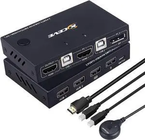 Displayport HDMI KVM Switch, DP+HDMI 2 Port KVM Switch, HDMI and Displayport USB Switch for 2 Computers Share One Set Keyboard Mouse Printer and One Monitor, 4K @30Hz with DP to HDMI Function