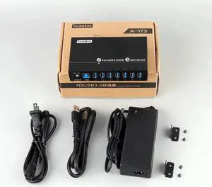 USB 3.0 Splitter, Aluminum 7 Ports Super Speed USB3.0 Data hub, Aluminum USB 3.0 Hub with 12V 3A 36Watt Powered, Mounting Bracket, LEDs, Balck