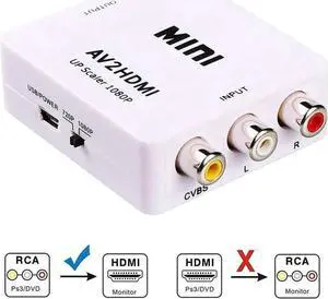 RCA to HDMI, 1080P Mini RCA Composite CVBS AV to HDMI Video Audio Converter Adapter with USB Power Cable for PC Laptop Xbox PS4 PS3 TV STB VHS VCR Camera DVD - White