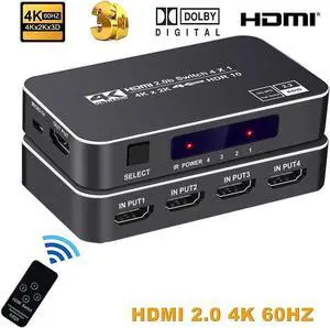 4K HDR HDMI Switch, 4 Ports 4K 60Hz HDMI 2.0 Switcher Selector with IR Wireless Remote, Supports UltraHD Dolby Vision, High Speed(Max to 18.5Gbps), HDR10, HDCP 2.2 & 3D