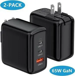 [2 Pack] USB C Charger Block, 65W 3 Port QC+PD3.0 GaN Power Adapter Type C Fast Charging Wall Plug for Mac-Book Pro/Air, i-Pad Pro, i-Phone 15 Pro Max/14/13/12, A-ir-P-ods Pro, Galaxy S23/S22 (Black)
