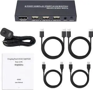 KVM Switch DisplayPort - 2 Port DP KVM Switch, Two Computers One Monitor Switch to Share Mouse,Keyboard,Printer, USB 2.0 Device and Ultra HD Monitor, Support 4K @60Hz, 2 DP and 2 USB Cable Included