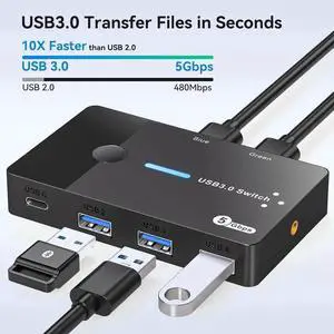 USB 3.0 Switch 2 Computers Sharing USB C & A Devices, 4 Port USB Switcher Sharing Keyboard and Mouse, Printer/Scanner USB Switch Hub for 2 Computers with 2 USB3.0 Cables and Desktop Controller